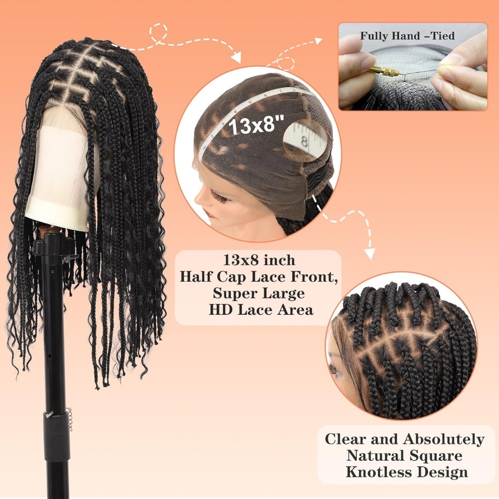 Jet Black Boho Box Braids Wig - Full Lace Handmade - Picture 5 of 6